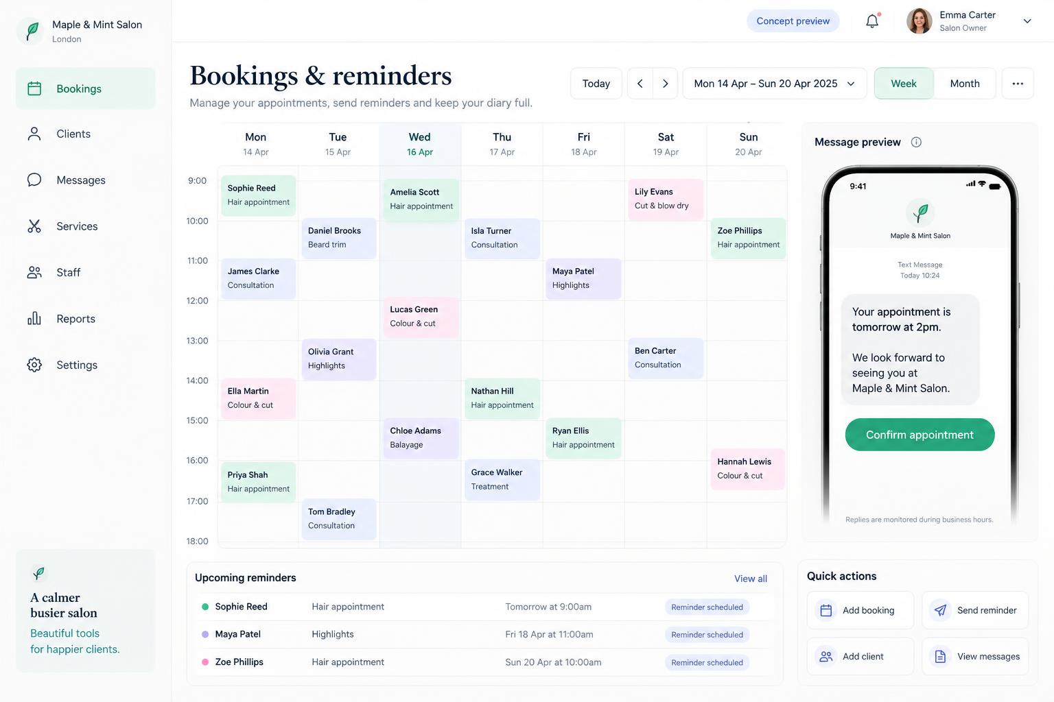 Booking and reminders concept interface with an appointment calendar and customer messages