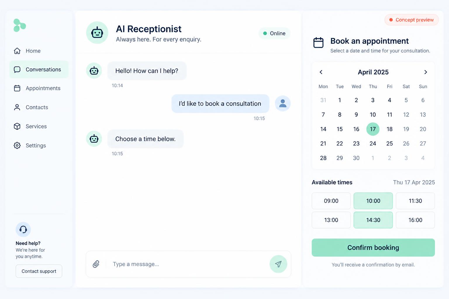 AI receptionist concept interface with a customer conversation and suggested replies