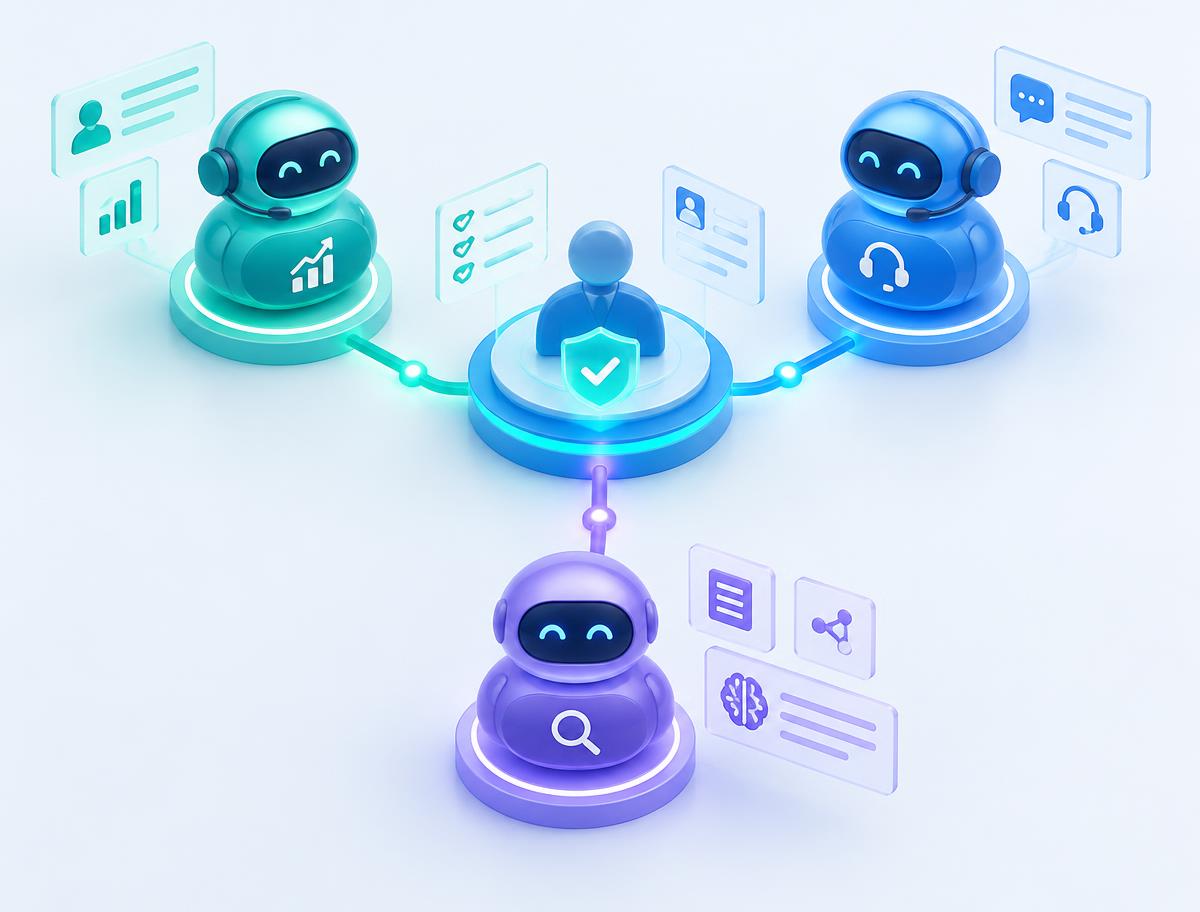 Illustration of AI agents connected to a human approval checkpoint