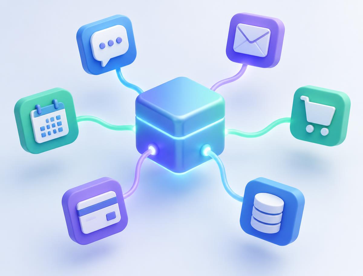 Illustration of a central hub connected to chat, email, payments and data apps