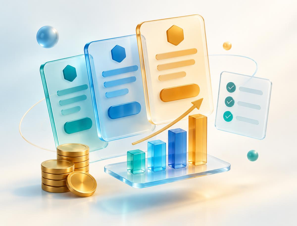 Illustration of pricing cards with a growth chart