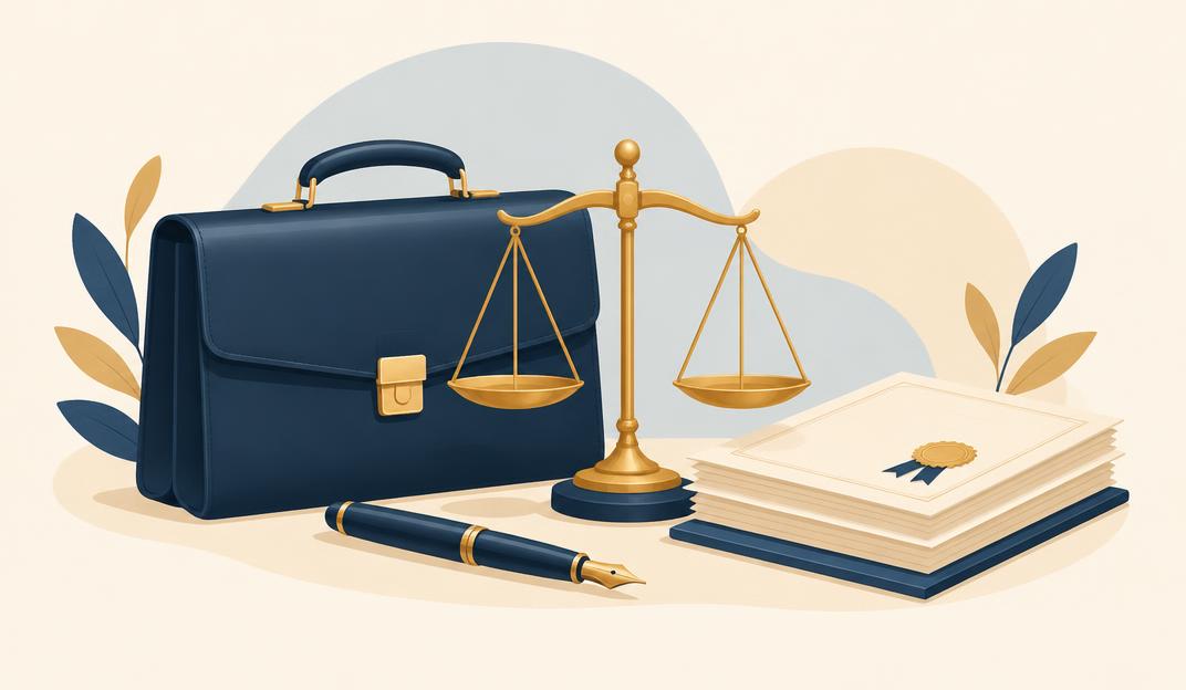 Pastel illustration of a briefcase, scales and paperwork