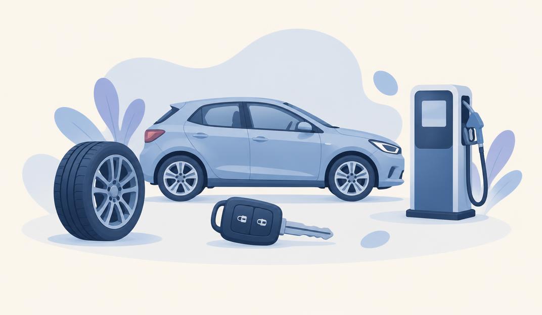 Pastel illustration of a car, tyre, key and charging station