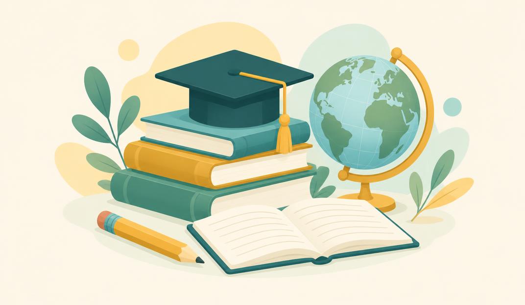 Pastel illustration of books, a graduation cap and globe