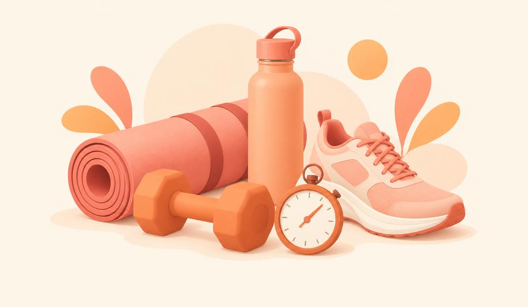 Pastel illustration of a yoga mat, dumbbell, trainers and water bottle