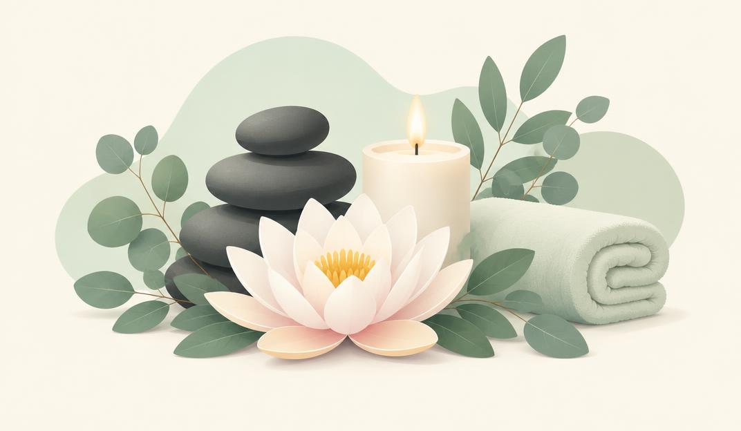 Pastel illustration of spa stones, a lotus flower, candle and rolled towel