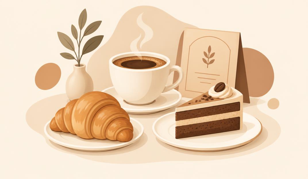 Pastel illustration of coffee, a croissant, cake and a menu
