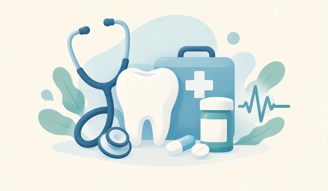 Pastel illustration of a stethoscope, tooth and medical kit