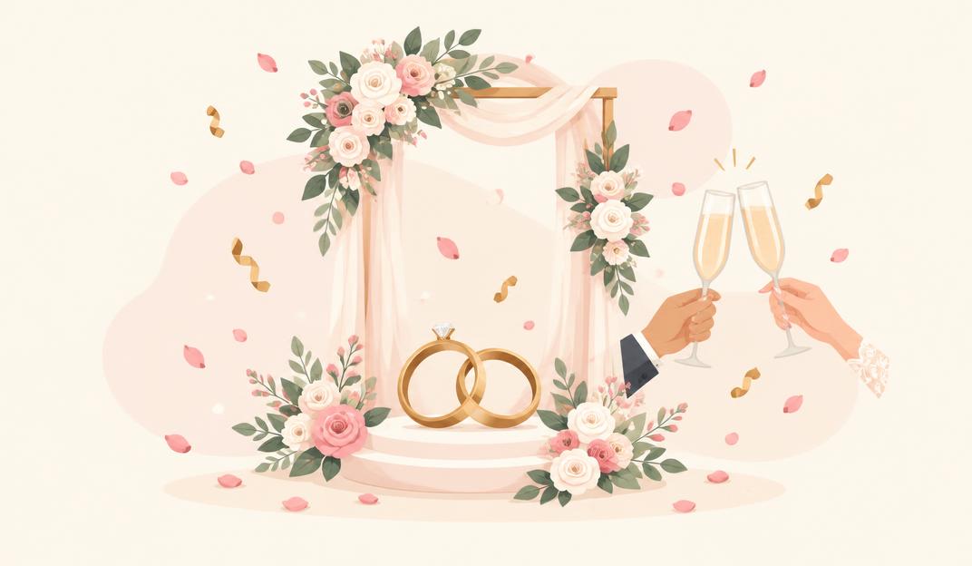 Pastel illustration of a floral wedding arch and wedding rings