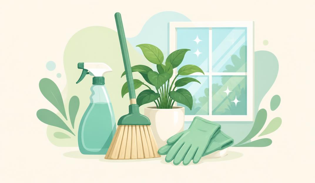 Pastel illustration of cleaning supplies and a plant beside a window