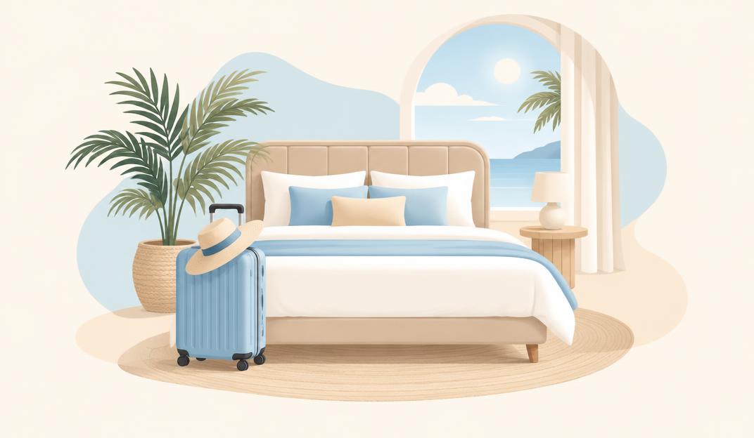 Pastel illustration of a hotel bed and suitcase