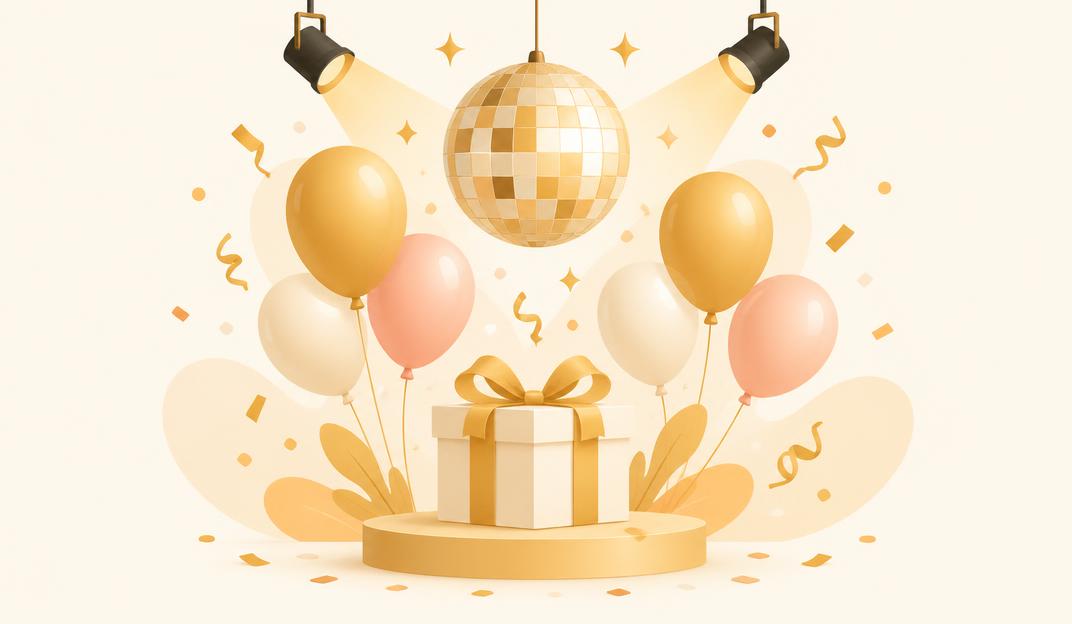 Pastel illustration of party balloons, a disco ball and a gift