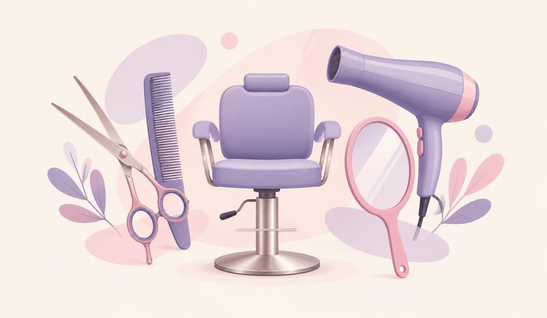 Pastel illustration of a salon chair, scissors, mirror and hairdryer