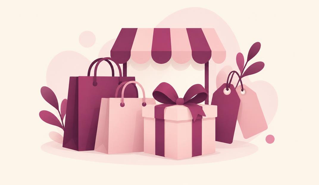 Pastel illustration of a shop awning, shopping bags and a gift