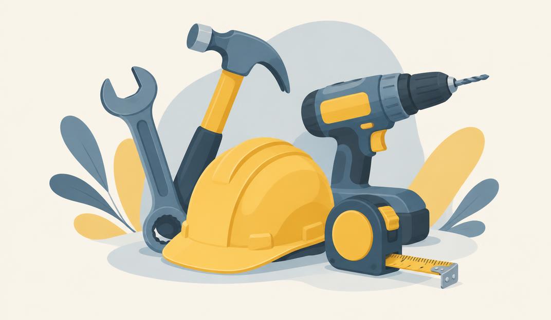 Pastel illustration of a hard hat, drill, hammer and spanner