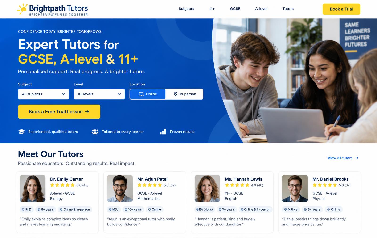 Brightpath Tutors — tutoring (gcse, a-level, 11+) website for UK businesses design concept preview