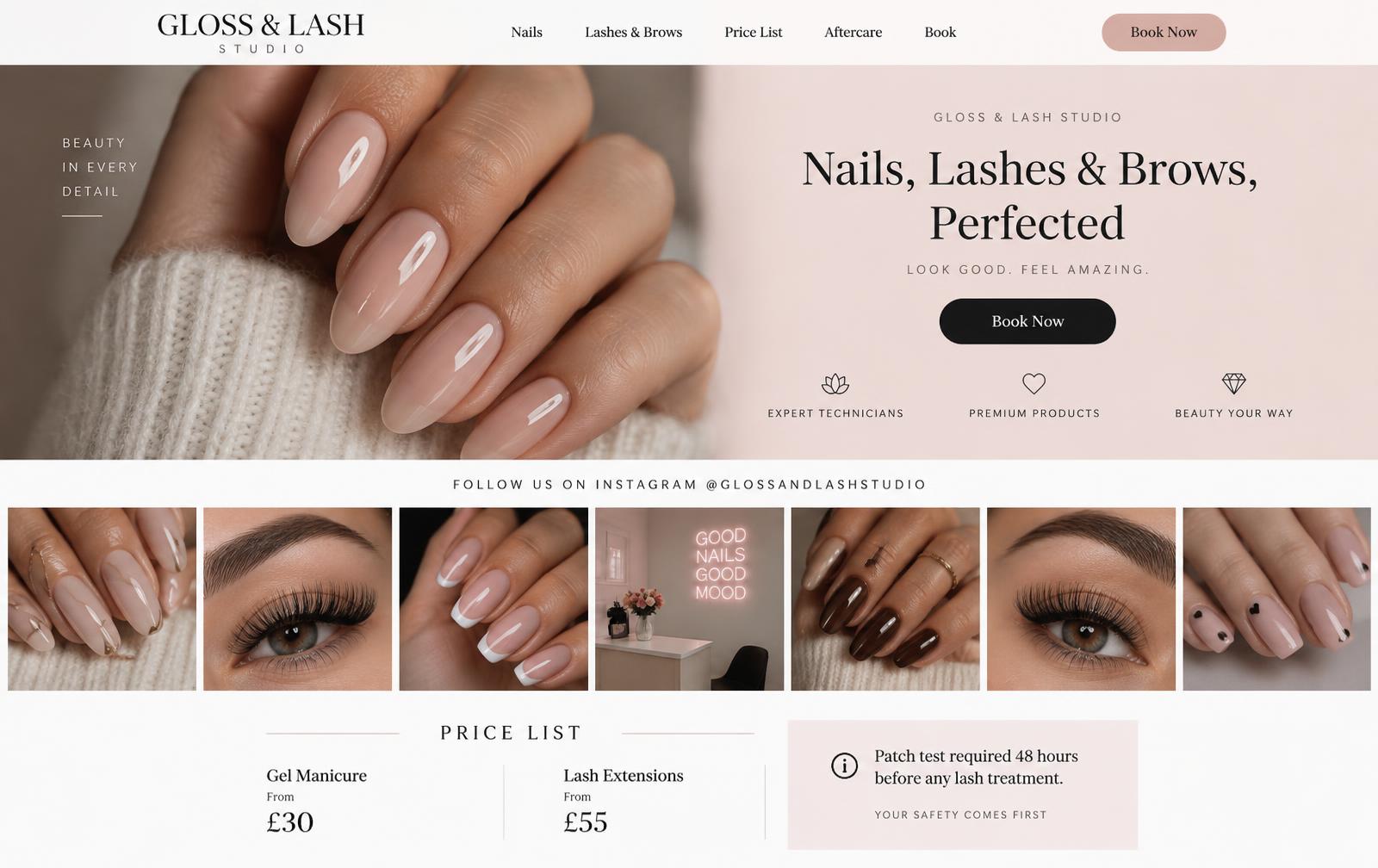 Gloss & Lash Studio — nails, lashes & brows website for UK businesses design concept preview