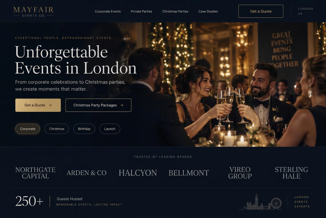 Mayfair Events Co. — corporate & party planner website for UK businesses design concept preview