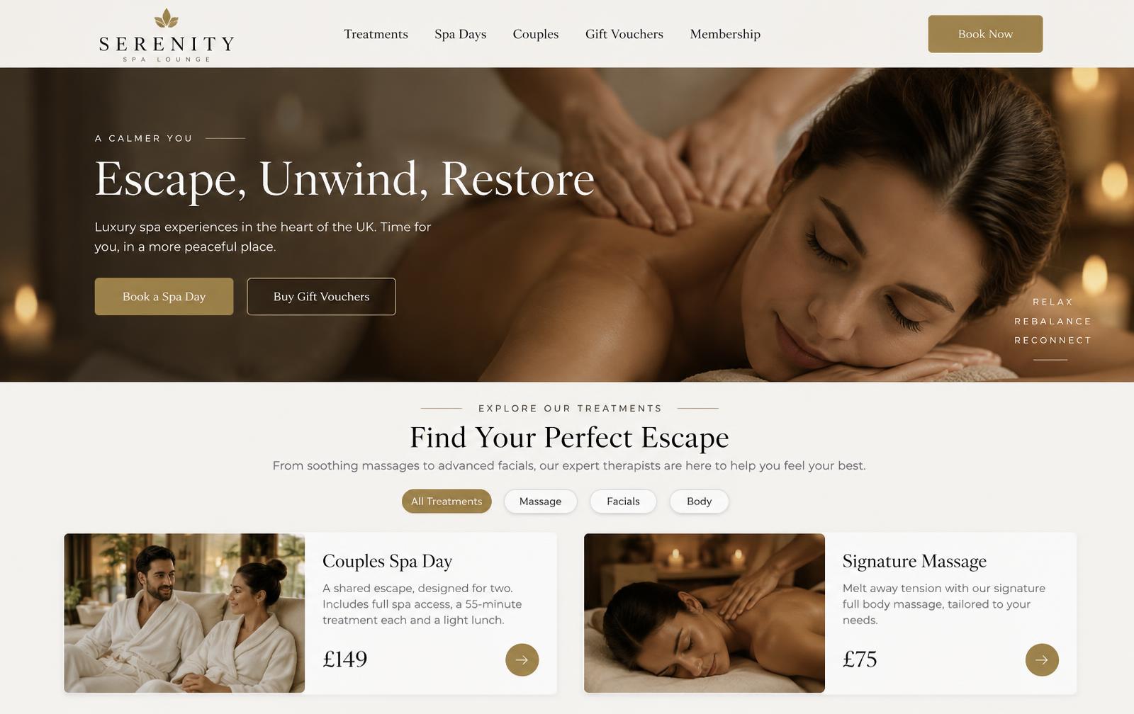 Serenity Spa Lounge — day spa & wellness website for UK businesses design concept preview