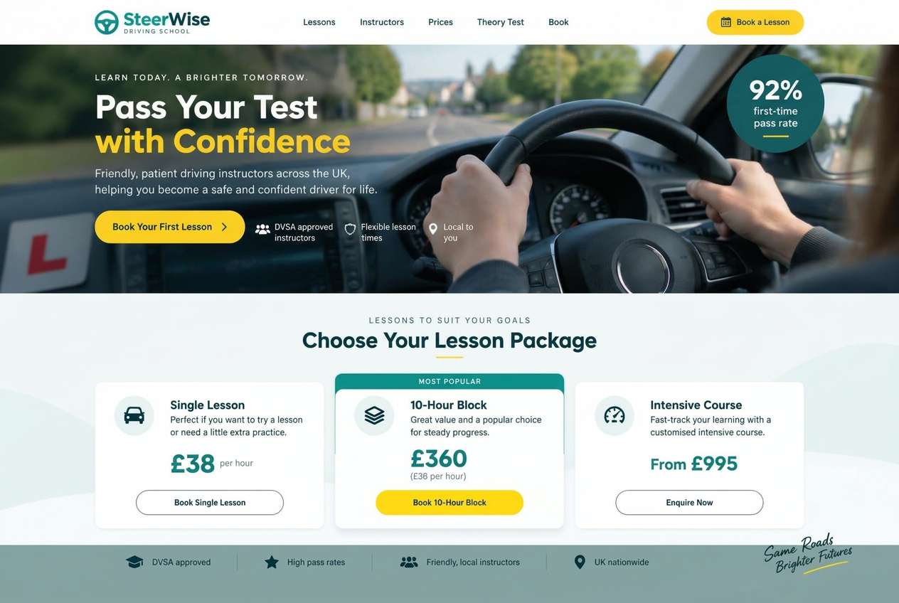 SteerWise Driving School — driving instructor website for UK businesses design concept preview