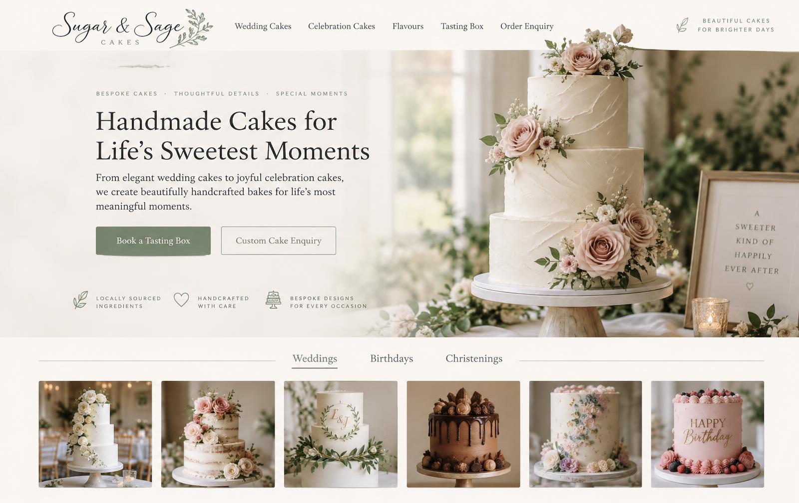 Sugar & Sage Cakes — wedding & celebration cakes website for UK businesses design concept preview
