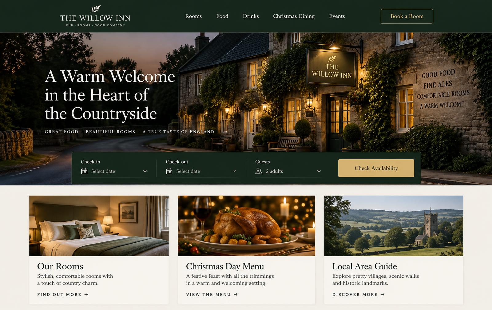 The Willow Inn — boutique b&b / pub with rooms website for UK businesses design concept preview