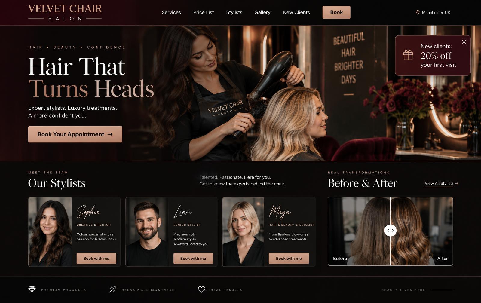 Velvet Chair Salon — hair & beauty salon website for UK businesses design concept preview